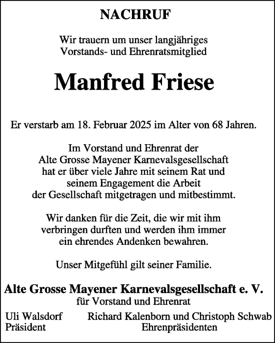 Traueranzeige von Manfred Friese von WochenSpiegel