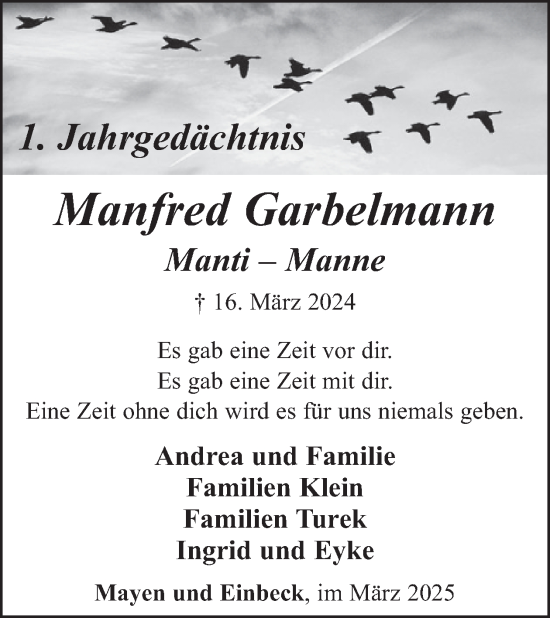 Traueranzeige von Manfred Garbelmann von WochenSpiegel