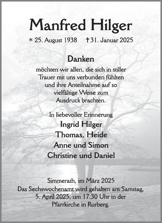 Traueranzeige von Manfred Hilger von WochenSpiegel