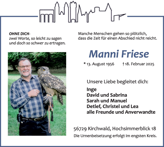 Traueranzeige von Manni Friese von WochenSpiegel