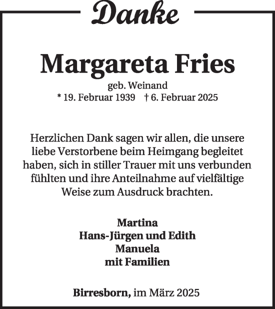 Traueranzeige von Margareta Fries von WochenSpiegel