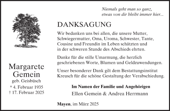 Traueranzeige von Margarete Gemein von WochenSpiegel
