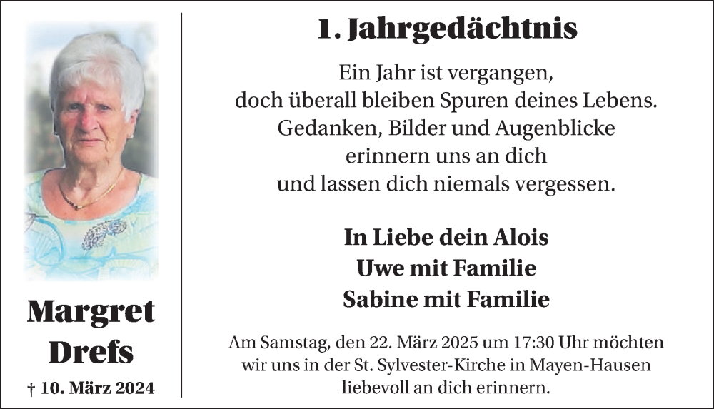  Traueranzeige für Margret Drefs vom 19.03.2025 aus WochenSpiegel