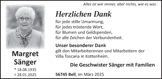 Traueranzeige von Margret Sänger von WochenSpiegel