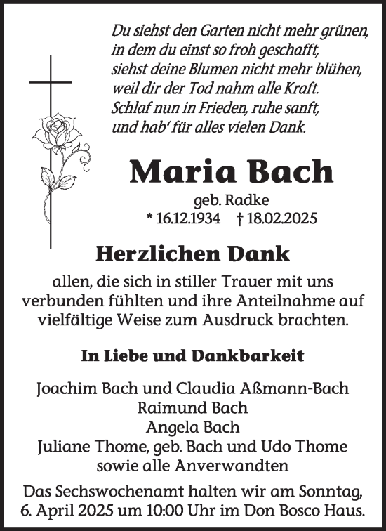 Traueranzeige von Maria Bach von WochenSpiegel