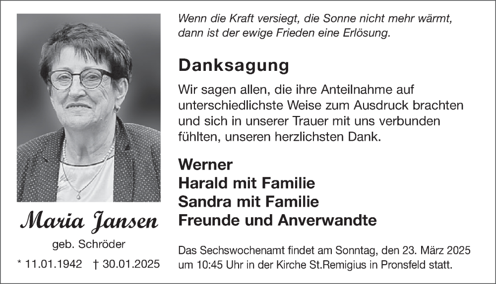  Traueranzeige für Maria Jansen vom 14.03.2025 aus WochenSpiegel