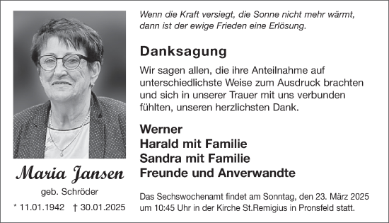 Traueranzeige von Maria Jansen von WochenSpiegel