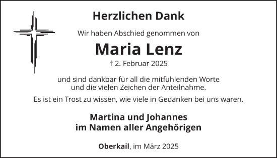 Traueranzeige von Maria Lenz von WochenSpiegel