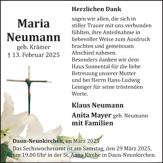 Traueranzeige von Maria Neumann von WochenSpiegel