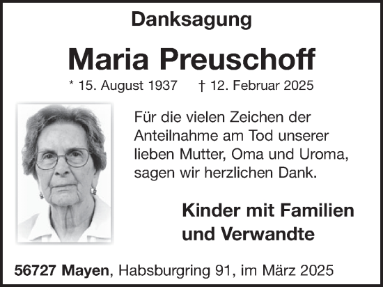 Traueranzeige von Maria Preuschoff von WochenSpiegel