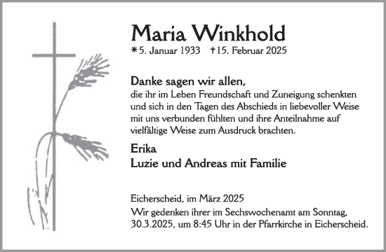 Traueranzeige von Maria Winkhold von WochenSpiegel