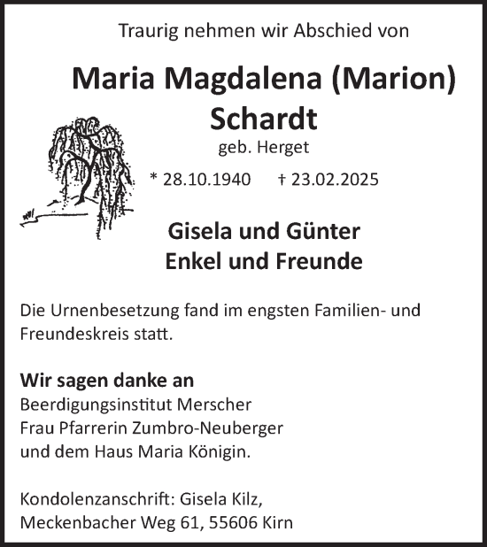 Traueranzeige von Maria Magdalena Schardt von WochenSpiegel