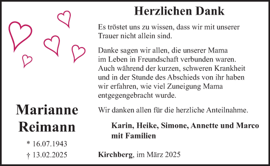Traueranzeige von Marianne Reimann von WochenSpiegel