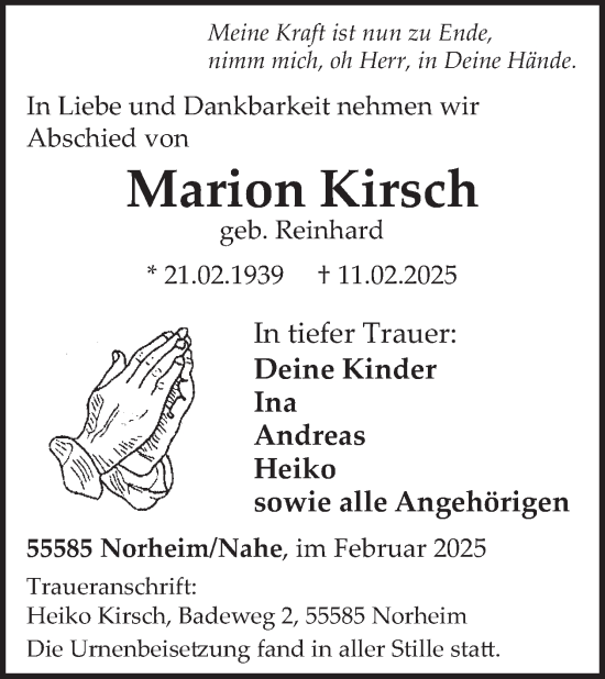 Traueranzeige von Marion Kirsch von WochenSpiegel