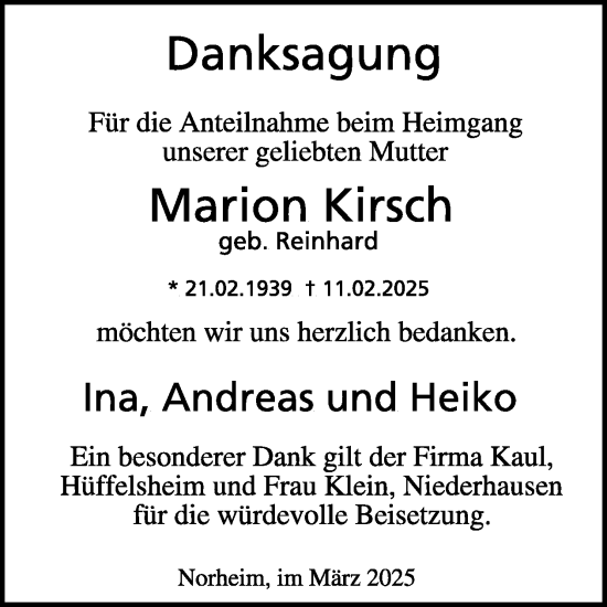 Traueranzeige von Marion Kirsch von WochenSpiegel