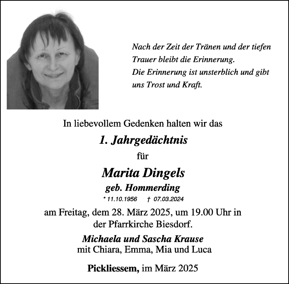  Traueranzeige für Marita Dingels vom 21.03.2025 aus WochenSpiegel