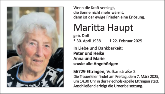 Traueranzeige von Maritta Haupt von WochenSpiegel