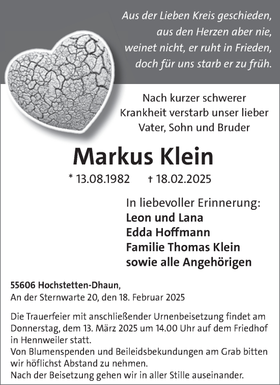 Traueranzeige von Markus Klein von WochenSpiegel