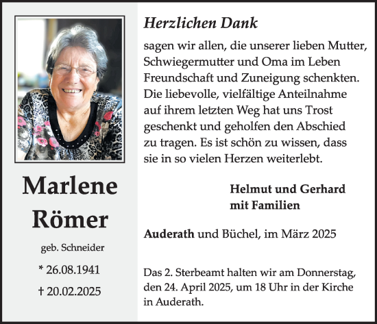 Traueranzeige von Marlene Römer von WochenSpiegel