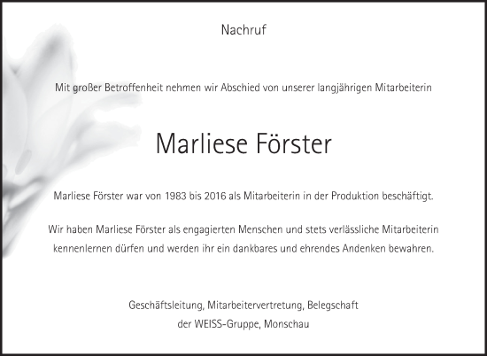 Traueranzeige von Marliese Förster von WochenSpiegel