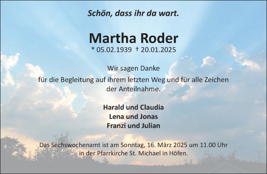Traueranzeige von Martha Roder von WochenSpiegel