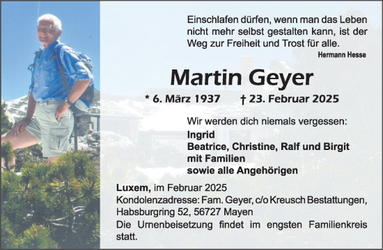 Traueranzeige von Martin Geyer von WochenSpiegel