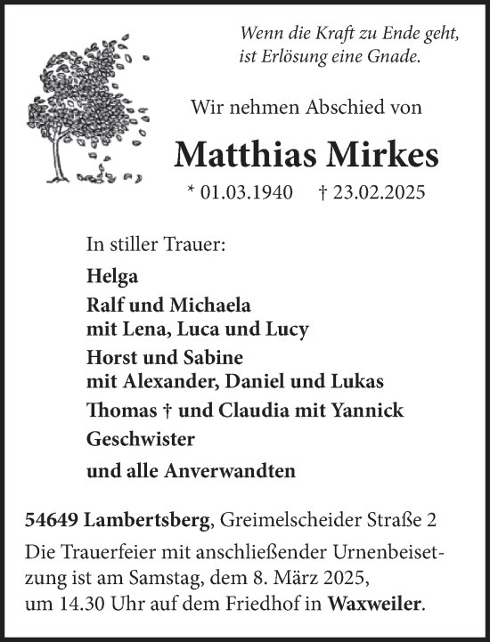 Traueranzeige von Matthias Mirkes von WochenSpiegel