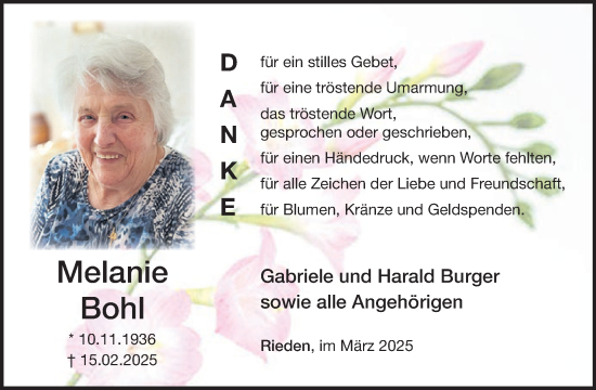 Traueranzeige von Melanie Bohl von WochenSpiegel