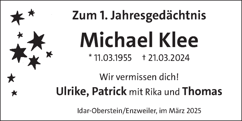  Traueranzeige für Michael Klee vom 22.03.2025 aus WochenSpiegel