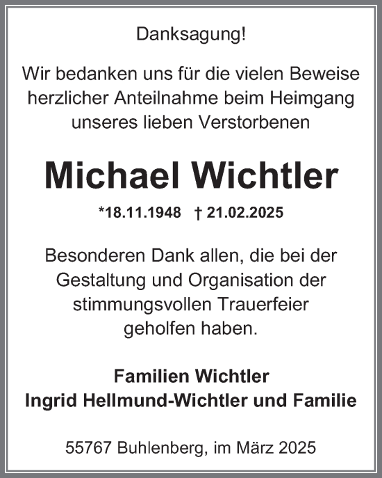 Traueranzeige von Michael Wichtler von WochenSpiegel