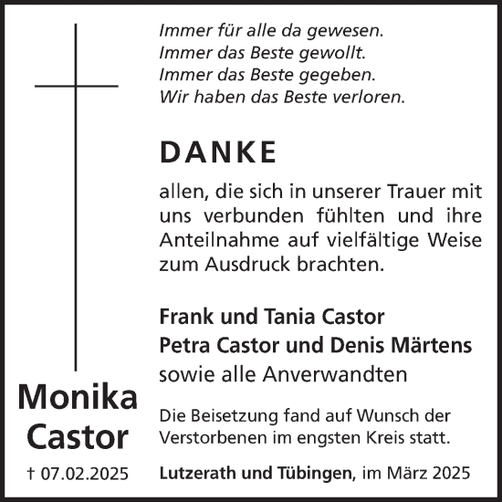 Traueranzeige von Monika Castor von WochenSpiegel