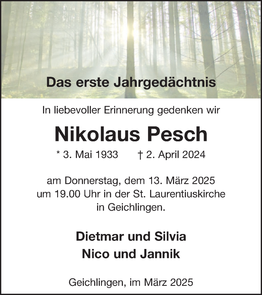  Traueranzeige für Nikolaus Pesch vom 07.03.2025 aus WochenSpiegel