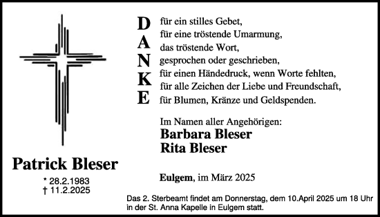 Traueranzeige von Patrick Bleser von WochenSpiegel