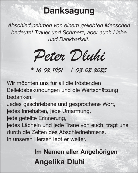 Traueranzeige von Peter Dluhi von WochenSpiegel