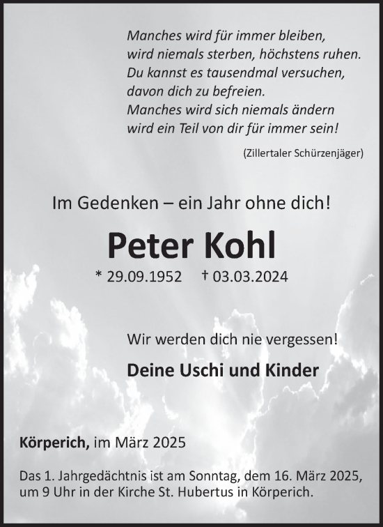Traueranzeige von Peter Kohl von WochenSpiegel
