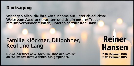 Traueranzeige von Reiner Hansen von WochenSpiegel