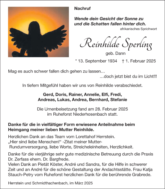 Traueranzeige von Reinhilde Sperling von WochenSpiegel