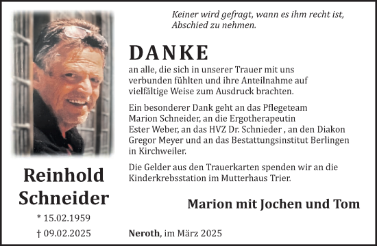 Traueranzeige von Reinhold Schneider von WochenSpiegel