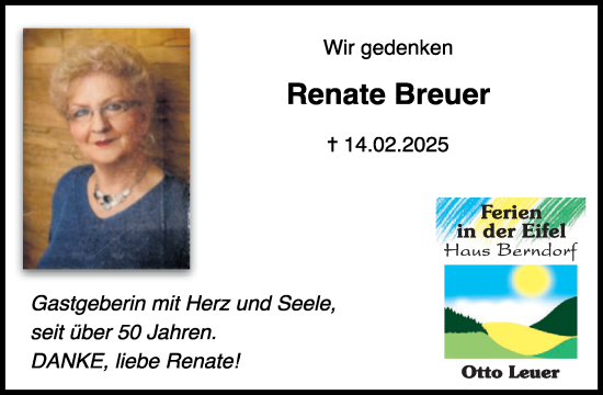 Traueranzeige von Renate Breuer von WochenSpiegel