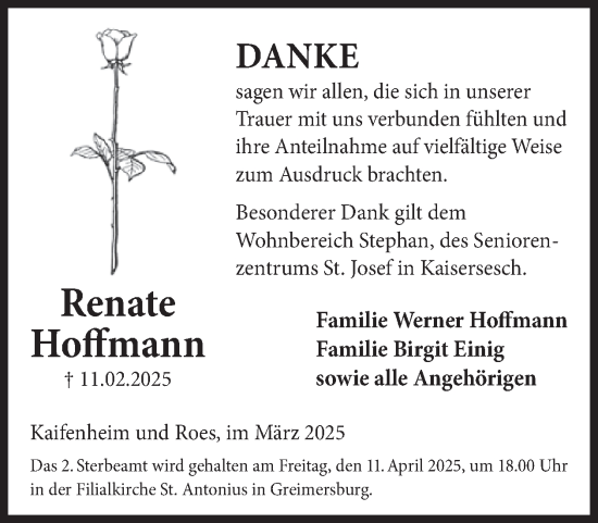 Traueranzeige von Renate Hoffmann von WochenSpiegel