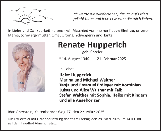 Traueranzeige von Renate Hupperich von WochenSpiegel