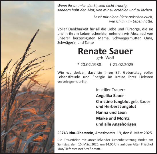 Traueranzeige von Renate Sauer von WochenSpiegel