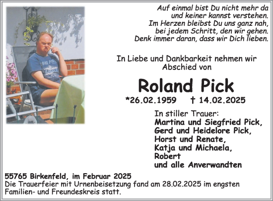 Traueranzeige von Roland Pick von WochenSpiegel