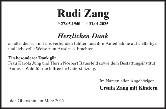 Traueranzeige von Rudi Zang von WochenSpiegel