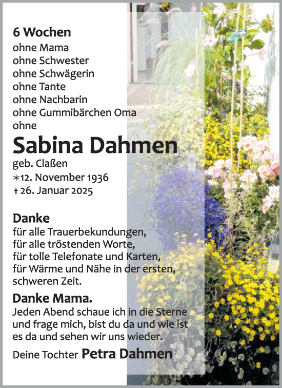 Traueranzeige von Sabina Dahmen von WochenSpiegel