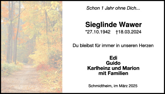 Traueranzeige von Sieglinde Wawer von WochenSpiegel