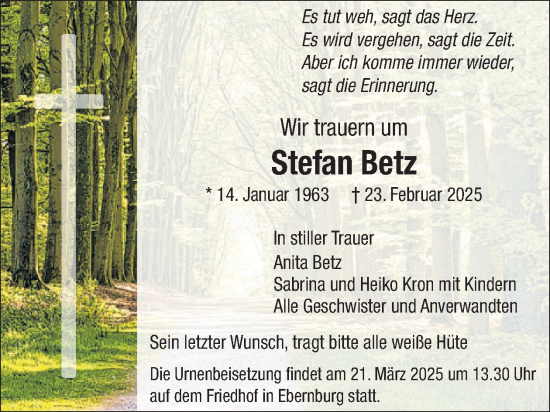 Traueranzeige von Stefan Betz von WochenSpiegel