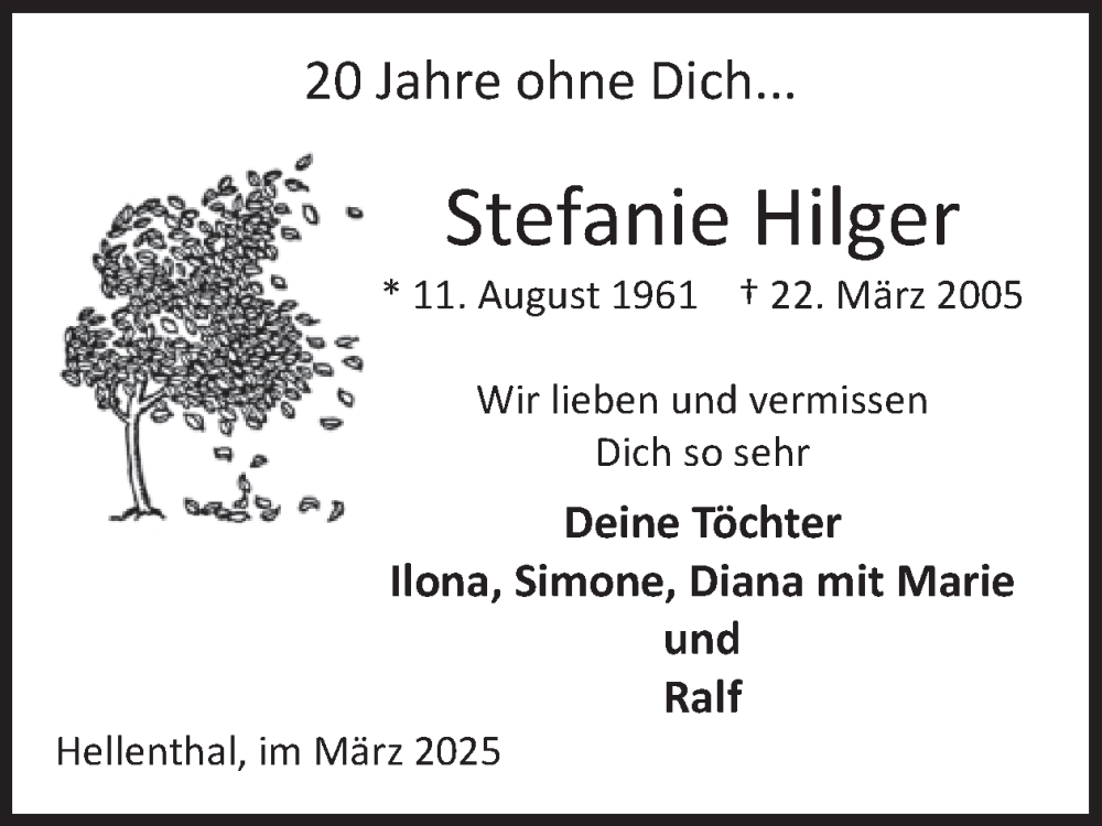  Traueranzeige für Stefanie Hilger vom 19.03.2025 aus WochenSpiegel