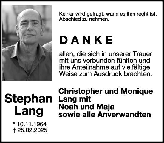 Traueranzeige von Stephan Lang von WochenSpiegel