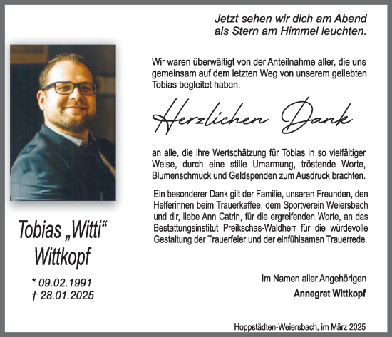 Traueranzeige von Tobias Wittkopf von WochenSpiegel